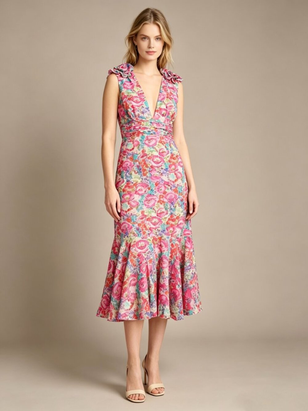 $548 NWOT Amur Womens 3D Flowers Below Knee Deep V Neck Floral Midi Dress 4